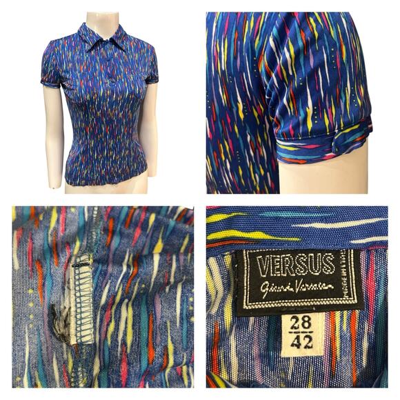 RARE Vintage Versus Gianni Versace Blue Abstract Polo Fitted Shirt Top XS/S - - Picture 4 of 5